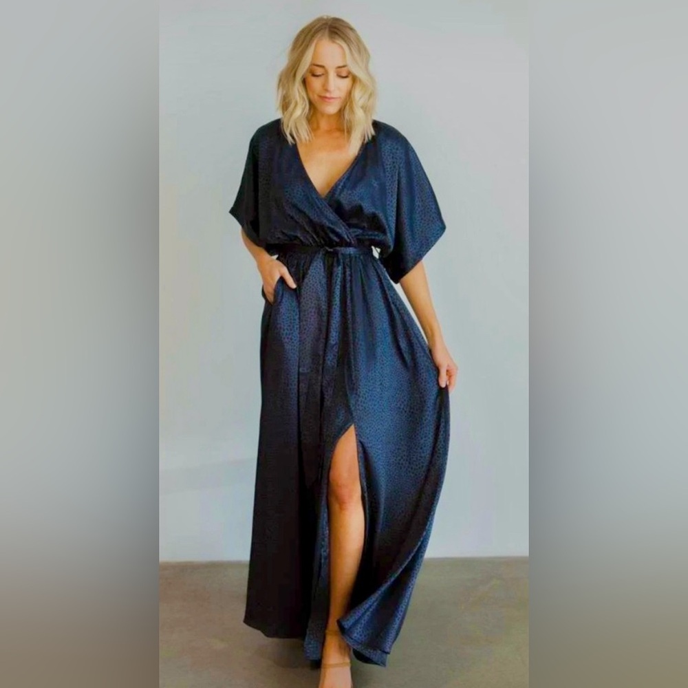 Baltic Born Savannah Kimono Maxi Dress Women Small Blue Leopard Print Sash Boho